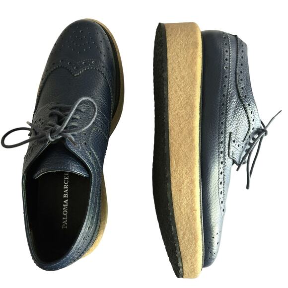 Paloma Barcelo Navy Pebble Leather Platform Wingtip Oxfords, Size 38, US 7.5-8 - Picture 1 of 15